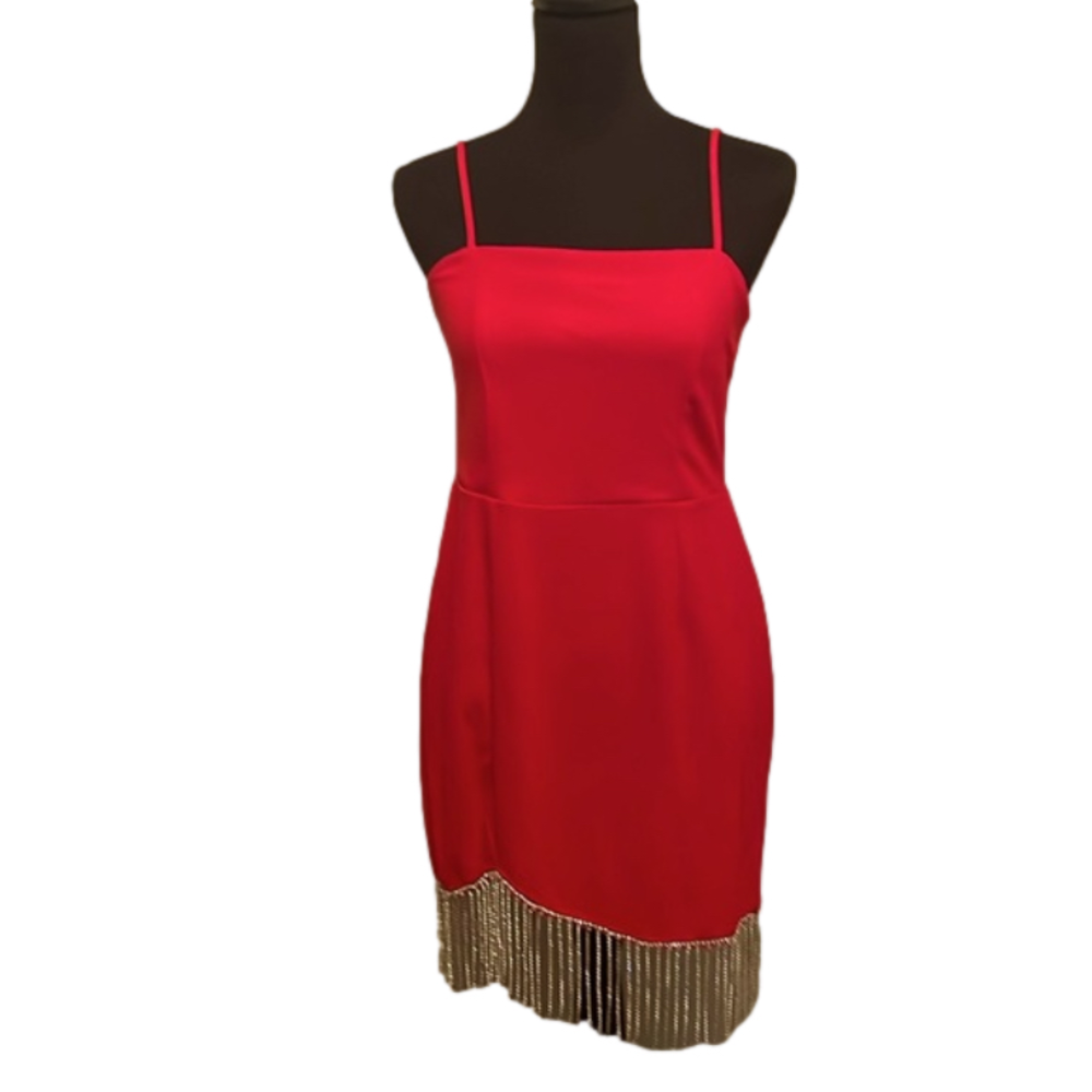 NWT TRIXXI RED DRESS WITH RHINESTONE FRINGE SIZE L